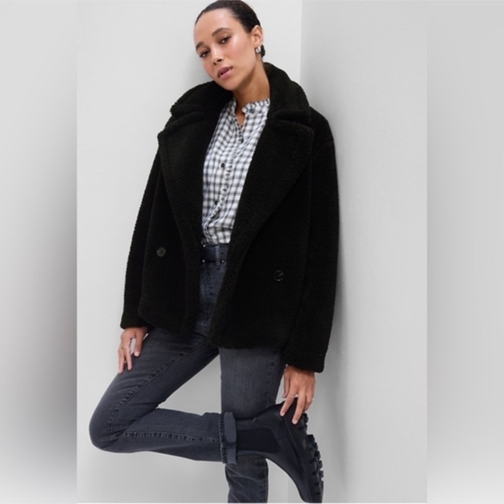 NWOT - Gap - Black Teddy Relaxed Sherpa Moto Jacket Size Large